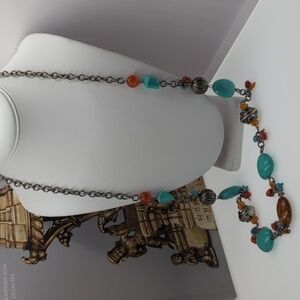 Chico's Turquoise acrylic bead, glass bead, silvertone filagree Beaded Necklace
